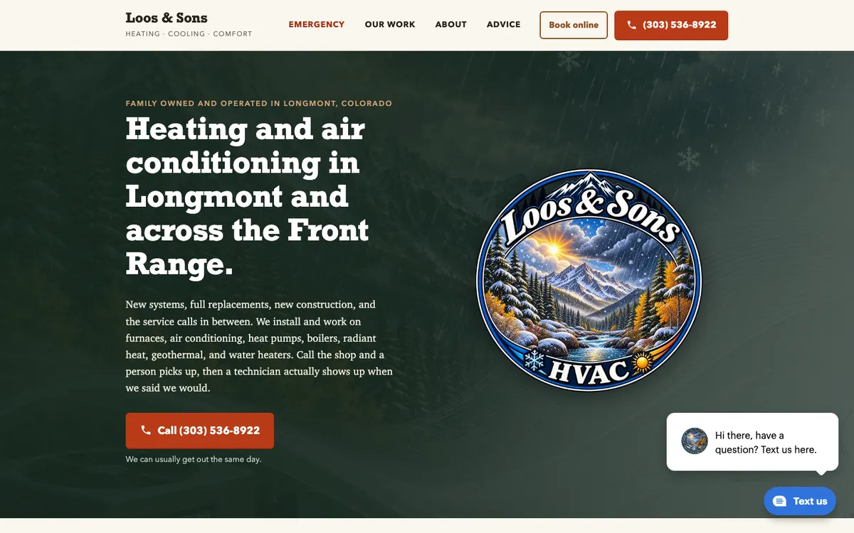 Loos & Sons HVAC home page on a desktop screen